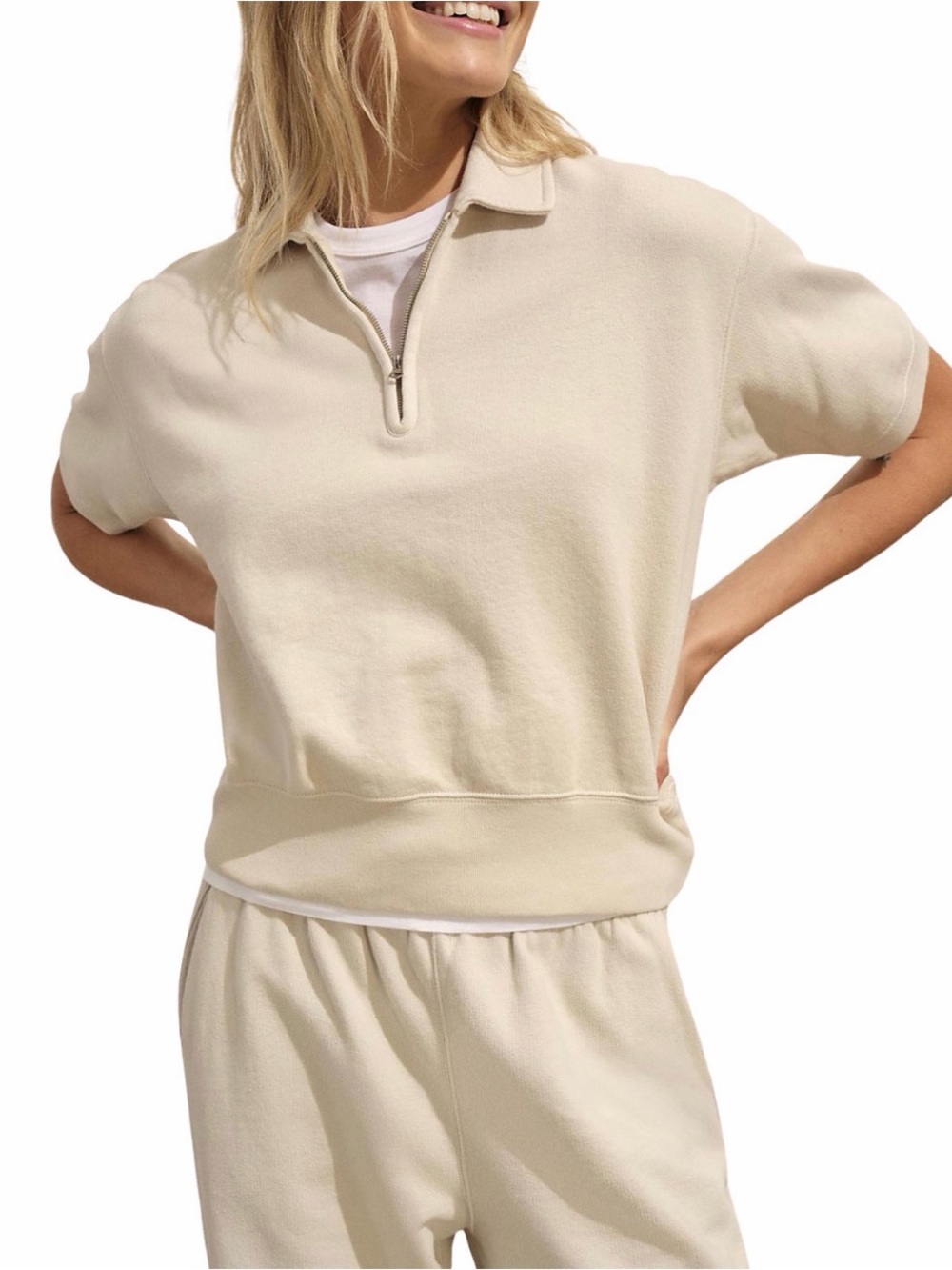 Buck Mason Cream Short-Sleeve Zip Sweatshirt